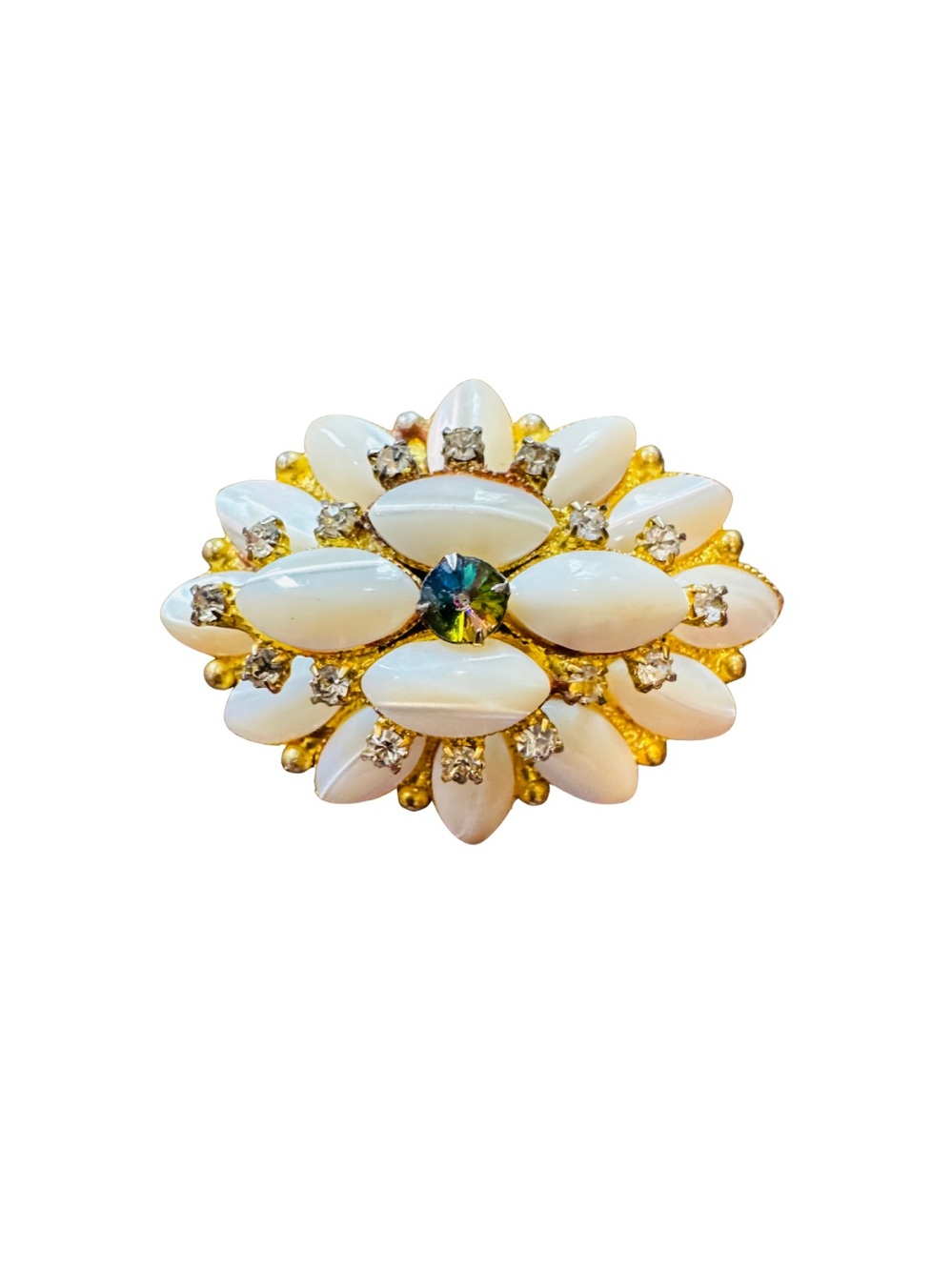 Vintage Floral Crystal Milk Glass Brooch